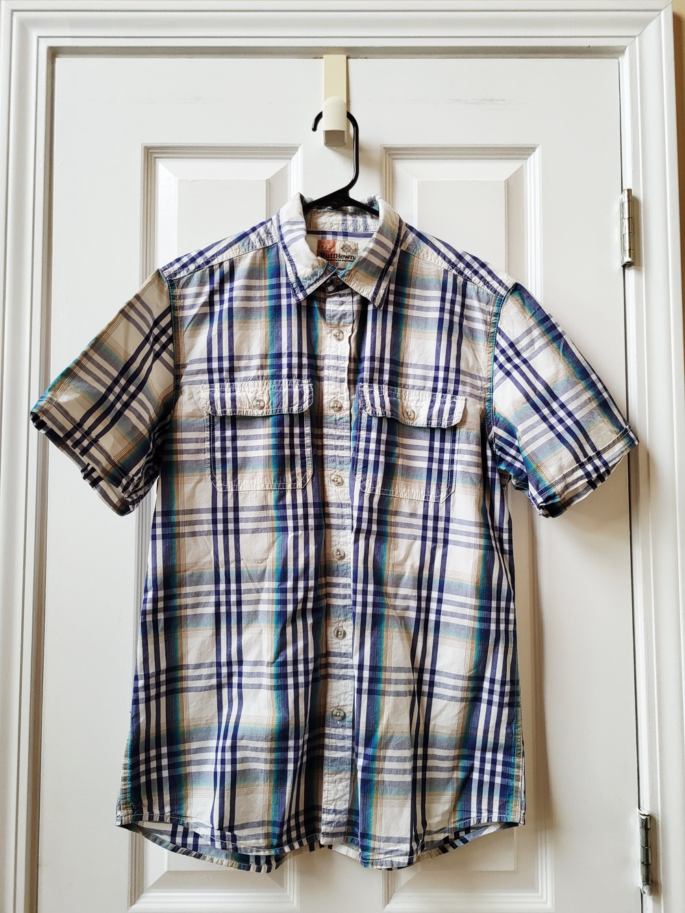 Ruff Hewn Mens Shirt Size S Plaid Button Short Sleeves Pockets Blue/White Multi
